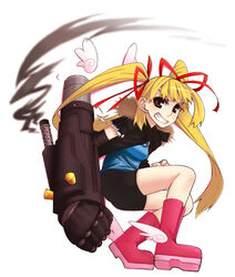  bad_id bad_pixiv_id bike_shorts blonde_hair boots brown_eyes detached_wings female grin lesskiss long_hair mecha mecha_musume mini_wings original pink_footwear power_fist robot smile smoke solo twintails wings 