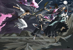  3boys aizen_sousuke alternate_weapon antoine_retaureau battle bleach cherry_blossoms commentary dual_wielding english_commentary haori holding japanese_clothes katen_kyoukotsu_(shikai) kyouraku_shunsui male_focus moon multiple_boys night photoshop_(medium) senbonzakura_(shikai) shikai sougyo_no_kotowari_(shikai) sword taichou_haori ukitake_juushirou weapon zanpakutou 