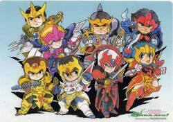  6+boys :d armor bodysuit brown_hair chibi crown dappa-oh_kuuya female fujita_yukihisa full_body gem headpiece helmet hiba-oh_dan holding holding_sword holding_weapon karura-oh_reiga looking_at_viewer multiple_boys naara-oh_renge open_mouth ryuu-oh_ryouma shura-oh_shurato smile standing sword ten-oh_hyuuga tenkuu_senki_shurato weapon yasha-oh_gai yellow_eyes 