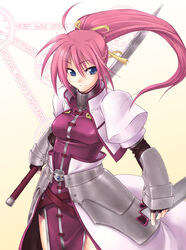  armor bad_id bad_pixiv_id blue_eyes female highres laevatein_(nanoha) long_hair lyrical_nanoha magic_circle mahou_shoujo_lyrical_nanoha mahou_shoujo_lyrical_nanoha_a&#039;s mahou_shoujo_lyrical_nanoha_strikers photoshop_(medium) pink_hair ponytail signum solo sword weapon yuzun 