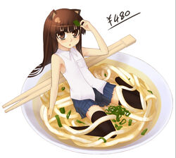  animal_ears bad_id bad_pixiv_id brown_eyes brown_hair chopsticks cup female food half-split_chopsticks in_container in_cup in_food lesskiss long_hair mini_person minigirl noodles on_plate original plate skirt solo thighhighs udon 