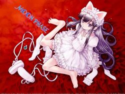  animal_ears arima_keitarou barefoot cat_ears dress female goth_fashion hazuki_(tsukuyomi) jewelry official_art solo thighhighs tsukuyomi_moonphase 