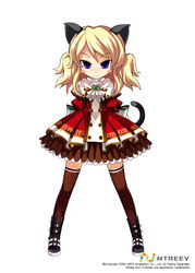  animal_ears armcho blonde_hair brooch cat_(trickster) cat_ears cat_tail dress female full_body jewelry legs_apart photoshop_(medium) purple_eyes smile solo standing tail thighhighs trickster_(ntreev_soft) twintails 