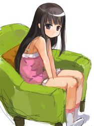  asasow bad_id bad_pixiv_id black_eyes black_hair camisole chair easy_chair female hizashi_no_naka_no_real long_hair sitting sketch socks solo tsutsumi_kinuka 