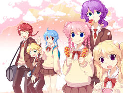  3boys 3girls armcho bad_id bad_pixiv_id blonde_hair blue_eyes braid buffalo_(trickster) bunny_(trickster) cat_(trickster) dragon_(trickster) everyone food green_eyes lion_(trickster) lowres multiple_boys multiple_girls open_mouth petals photoshop_(medium) pink_hair purple_eyes purple_hair quad_tails red_eyes red_hair school_uniform sheep_(trickster) skirt tongue trickster_(ntreev_soft) 