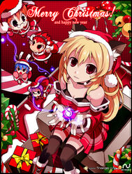  2boys 3girls animal_ears armcho blonde_hair buffalo_(trickster) bunny_(trickster) cat_(trickster) cat_ears chibi christmas fox_(trickster) hat long_hair multiple_boys multiple_girls photoshop_(medium) raccoon_(trickster) red_eyes santa_costume santa_hat sitting thighhighs trickster_(ntreev_soft) zettai_ryouiki 