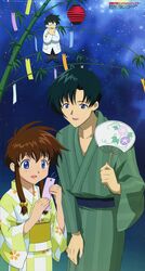  2boys absurdres angelic_layer bamboo bell black_hair blue_eyes brown_hair female glasses hand_fan hand_on_own_chin highres japanese_clothes kimono komori_kaori lab_coat lantern low-tied_sidelocks mihara_ichirou mihara_oojirou milky_way multiple_boys night paper_fan scan short_hair_with_long_locks sidelocks sky star_(sky) starry_sky stroking_own_chin suzuhara_misaki tanabata tanzaku uchiwa yukata 