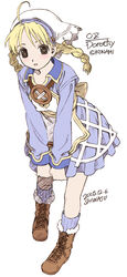  ahoge apron artist_name blonde_hair blue_dress blue_socks blush boots braid brown_eyes brown_footwear buttons character_name collared_dress commentary_request company_name copyright_name cross-laced_footwear dated dorothy_(over_zenith) dress dress_tug female flat_color full_body fur-trimmed_boots fur_trim hatching_(texture) head_scarf lace-up_boots large_buttons leaning_forward long_hair long_sleeves looking_at_viewer over_zenith parted_lips shiwasu_takashi simple_background socks solo standing twin_braids white_background 