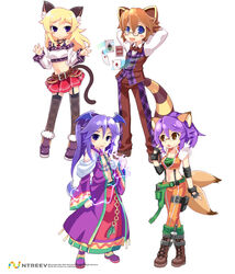  2boys 2girls animal_ears armcho arms_behind_head blonde_hair blue_eyes blush_stickers boots brown_eyes brown_hair cat_(trickster) cross-laced_footwear dragon_(trickster) fox_(trickster) glasses head_wings midriff multiple_boys multiple_girls multiple_tails navel open_mouth photoshop_(medium) purple_eyes purple_hair raccoon_(trickster) skirt tail thighhighs trickster_(ntreev_soft) wings 