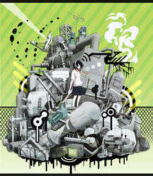  ... air_conditioner bad_link black_eyes black_hair black_skirt boombox cable chain-link_fence closed_mouth colored_skin female fence floating_hair gradient_background green_background headphones holding holding_industrial_pipe industrial_pipe lead_pipe letterboxed light looking_away original photoshop_(medium) rust satellite_dish shirt short_hair short_sleeves skirt smoke solo speaker speech_bubble spoken_ellipsis standing striped striped_background tank_(container) television tire turtleneck usi valve weather_vane white_shirt white_skin wind 