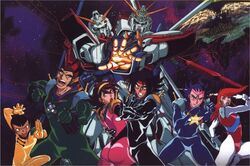  5boys argo_gulskii artist_request ass bakunetsu_god_finger black_hair blue_eyes blue_hair bodysuit brown_hair chibodee_crocket clenched_hands devil_gundam domon_kasshu energy_sword everyone female fighting_stance g_gundam george_de_sand god_gundam green_eyes gundam hachimaki hand_on_another&#039;s_back headband mobile_trace_suit multiple_boys official_art pink_bodysuit rain_mikamura red_hair rising_gundam sai_saici space sword thick_eyebrows weapon 