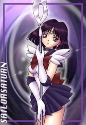  back_bow bishoujo_senshi_sailor_moon bob_cut bow brown_bow character_name choker earrings elbow_gloves female glaive_(polearm) gloves holding holding_polearm holding_weapon jewelry magical_girl over_shoulder polearm purple_hair purple_sailor_collar purple_skirt sailor_collar sailor_saturn sailor_senshi_uniform senbata-rou silence_glaive skirt solo staff tiara tomoe_hotaru weapon weapon_over_shoulder white_gloves 