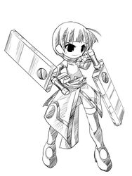  ahoge armor armored_boots blunt_bangs boots club_(weapon) dress dual_wielding female full_body greyscale holding holding_weapon lyrical_nanoha mahou_shoujo_lyrical_nanoha_strikers monochrome schach_nouera short_hair simple_background solo thigh_boots thighhighs uniform weapon white_background windenschaft yuuka_(o.t.kingdom) 