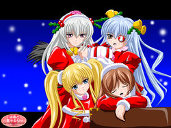  4girls barasuishou bell blonde_hair blue_background blue_eyes blue_hair brown_hair capelet christmas dress eyepatch flower fur-trimmed_capelet fur-trimmed_hairband fur-trimmed_hood fur-trimmed_jacket fur-trimmed_sleeves fur_hair_tie fur_trim gift grey_hair hair_bell hair_bobbles hair_ornament hood hood_up imai_kazunari jacket long_hair multiple_girls pink_eyes pom_pom_(clothes) puffy_sleeves rose rozen_maiden santa_costume shinku simple_background snowing suigintou suiseiseki twintails very_long_hair wings yellow_eyes 