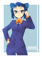  2k-tan adjusting_eyewear bad_id bad_pixiv_id blue_eyes blue_hair female formal glasses lesskiss os-tan short_hair solo suit 