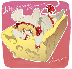  2008 akeome animal_ears blonde_hair blue_eyes cheese chinese_zodiac commentary_request copyright_request female food happy_new_year hayato_(meromoni) hood mini_person minigirl mouse_ears new_year ribbon solo tail tail_ornament tail_ribbon thighhighs year_of_the_rat 