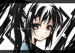  black_hair brown_eyes closed_mouth expressionless female genderswap_(mtf) kyonko looking_at_viewer multicolored_hair nazo_kichi ponytail rule_63 simple_background solo suzumiya_haruhi_no_yuuutsu two-tone_hair white_hair 