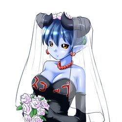  artist_request astaroth_(shinrabanshou) bare_shoulders black_sclera blue_skin breasts bridal_veil bride cleavage colored_sclera colored_skin dark_bride dress exif_thumbnail_surprise female flower horns large_breasts pointy_ears shinrabanshou solo veil wedding_dress 