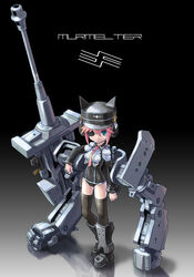  blue_eyes busou_shinki commentary_request eyepatch female gun katahira_masashi mecha mecha_musume murmeltier photoshop_(medium) pink_hair robot solo thighhighs weapon 