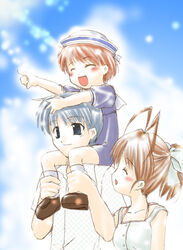  1boy 2girls carrying clannad family furukawa_nagisa mizuna_(water_emp-tei) multiple_girls okazaki_tomoya okazaki_ushio school_uniform shoulder_carry 