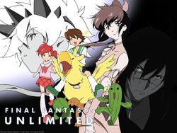  1990s_(style) 2boys 3girls artist_request black_background black_hair brown_hair chobi chocobo closed_eyes copyright_name covered_nipples expressionless final_fantasy final_fantasy_unlimited gradient_background hayakawa_ai hayakawa_yuu kuroki_kaze lisa_pacifist looking_at_viewer looking_away multiple_boys multiple_girls official_art official_wallpaper pale_skin profile projected_inset red_hair retro_artstyle riding scar scar_on_face scar_on_nose shiroi_kumo white_background 