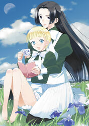  2girls barefoot book cup kazuto_izumi legs multiple_girls original pantyhose photoshop_(medium) tea 