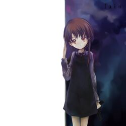  bear_(artist) black_dress brown_eyes brown_hair character_name dot_nose dress english_text female gun hair_ornament hairclip hand_on_wall handgun head_tilt holding holding_gun holding_weapon iwakura_lain looking_to_the_side neck_ribbon parted_lips pinafore_dress ribbon serial_experiments_lain short_hair single_sidelock sleeveless sleeveless_dress solo standing weapon white_background x_hair_ornament 