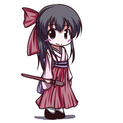  bad_link black_hair bow brown_hair chibi female fictional_sister full_body hairbow hakama hakama_skirt holding holding_sword holding_weapon japanese_clothes long_hair long_sleeves looking_at_viewer miko okobo pink_bow red_bow red_hakama sakura_taisen sandals sheath sheathed shinguuji_sakura sidelocks simple_background skirt solo standing sword weapon white_background 