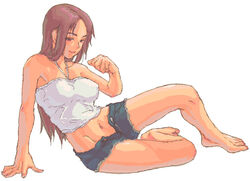  bad_id bad_pixiv_id bare_shoulders barefoot brown_eyes brown_hair denim denim_shorts feet female hands long_hair midriff oekaki open_fly original sasagawa_(haikaiki) shorts solo unzipped 