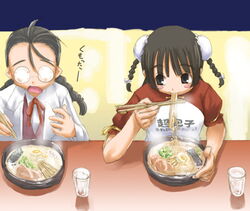  2girls black_hair blush_stickers braid brown_eyes bun_cover chao_lingshen chopsticks double_bun eating egg fogged_glasses food glass glasses hair_bun hakase_satomi kasuga_yukihito mahou_sensei_negima! meat multiple_girls noodles nori_(seaweed) raglan_sleeves ramen steam translated twin_braids 