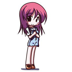  bare_legs blue_dress brown_footwear chibi dress female fictional_sister full_body hands_on_own_chest kaleido_star looking_at_viewer naegino_sora own_hands_together red_hair shoes short_hair simple_background solo standing white_background 