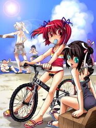  &gt;_&lt; 2girls 3boys :d alternate_hair_color azer back beach bicycle bikini black_hair blindfold blush closed_eyes cloud commentary_request copyright_name day drill_hair fat fat_man feet flat_chest food from_behind full_body green_eyes hair_ribbon halterneck hana_(pangya) holding kooh legs lens_flare looking_at_another looking_back lowleg lowleg_bikini max_(pangya) midriff mosho mouth_hold multiple_boys multiple_girls navel nuri ocean one-piece_swimsuit open_mouth outdoors outstretched_arm pangya ponytail popsicle red_eyes red_hair ribbon riding sandals short_twintails shorts sitting sky smile spiked_hair standing straddling striped_bikini striped_clothes sun sweat swimsuit tankini twintails visor_cap water white_hair 