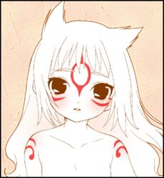  amaterasu_(ookami) animal_ears bare_shoulders blush border collarbone female long_hair looking_at_viewer lowres mochiya_marosuke okami parted_lips personification phantom red_eyes solo source_request spot_color tattoo white_hair 