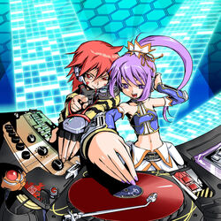  1boy bare_shoulders detached_sleeves dj female fingerless_gloves gloves long_hair midriff mikage_baku mixing_console original phonograph photoshop_(medium) ponytail purple_eyes purple_hair red_eyes red_hair short_hair skirt turntable 