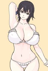  artist_request bikini black_hair breasts brown_eyes covered_nipples female grey_eyes huge_breasts looking_at_viewer lowres navel oekaki short_hair smile solo source_request swimsuit tsuzuki_shiori white_bikini witchblade 