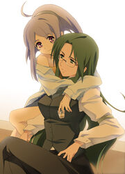  2girls ahoge alcohol asougi_rin backlighting breasts buttons closed_mouth collarbone crossed_legs cup drinking_glass glasses green_hair grey_necktie grey_pants grey_vest holding holding_cup hug hug_from_behind light_smile long_hair long_sleeves looking_at_another medium_breasts mimi_(mnemosyne) mnemosyne multiple_girls necktie off-shoulder_shirt off_shoulder pants purple_eyes purple_hair saipaco shirt shot_glass vest vodka waistcoat yuri 