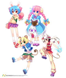  4girls animal_ears arm_up armcho belt blonde_hair blue_hair book boxing_gloves braid buffalo_(trickster) bunny_(trickster) dress fingerless_gloves gloves goggles goggles_on_head headband horns lion_(trickster) lion_ears long_hair multiple_girls open_book photoshop_(medium) pink_hair rabbit_ears sheep_(trickster) sheep_ears shorts simple_background skirt socks tail trickster_(ntreev_soft) twin_braids 