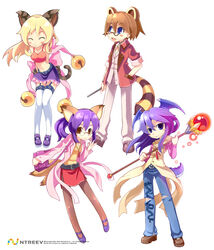  4girls :d animal_ears armcho bag bell black_legwear blonde_hair blush_stickers brown_hair cat_(trickster) cat_ears closed_eyes denim dragon_(trickster) fox_(trickster) fox_ears garter_straps glasses hand_in_pocket head_wings jeans leaning_forward long_hair multiple_girls open_mouth pants pantyhose photoshop_(medium) purple_hair raccoon_(trickster) raccoon_tail short_hair shoulder_bag simple_background smile staff tail thighhighs trickster_(ntreev_soft) wings zettai_ryouiki 