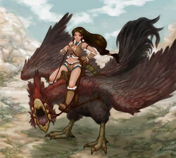  bird commentary_request copyright_request female gloves long_hair monster riding sasagawa_(haikaiki) solo 