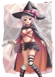  2025 :d a-pose ayachi_nene belt belt_bra belt_collar black_cape black_footwear black_hat black_skirt blush boots bow breasts bright_pupils cape chinese_commentary collar commentary_request curvy dated eyelashes feet_out_of_frame female grey_hair gun hair_ribbon handgun hat hat_bow highres holding holding_gun holding_weapon index_finger_raised knees_together_feet_apart large_breasts long_hair looking_at_viewer miniskirt navel nene-hime open_mouth pink_belt pink_bow pink_cape pleated_skirt purple_eyes ribbon sanoba_witch sidelocks simple_background single_thighhigh skindentation skirt smile solo standing striped_bow striped_clothes striped_thighhighs teeth thighhighs thighs two-sided_cape two-sided_fabric upper_teeth_only vertical-striped_bow very_long_hair weapon white_pupils witch witch_hat yellow_ribbon zettai_ryouiki 