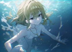  bags_under_eyes bikini black_eyes blonde_hair breasts cross fallen_angel female hair_between_eyes highres holding_breath jewelry latin_cross long_hair low_wings mansu_(user_pnmp4287) neck_tattoo original pendant single_wing small_breasts solo swimsuit tattoo underwater white_bikini wings 