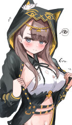  absurdres animal_hood ankh arknights blue_eyes blush brown_hair cat_hood female highres hood long_hair midriff navel opened_by_self pepe_(arknights) spoken_squiggle squiggle sunaneko white_background 