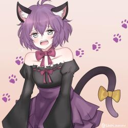  animal_ear_fluff animal_ears antenna_hair bare_shoulders bernadetta_von_varley black_shirt blush bow bowtie cat_ears cat_tail collarbone female fire_emblem fire_emblem:_three_houses grey_eyes highres juliet_sleeves kemonomimi_mode long_sleeves looking_at_viewer off-shoulder_shirt off_shoulder open_mouth paw_print puffy_sleeves purple_bow purple_bowtie purple_hair purple_skirt shirt short_hair simple_background skirt solo tail tail_bow tail_ornament yellow_bow yukichi_(yukichi_rururu) 