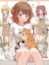  3girls blonde_hair blue_shorts blurry blush breasts brown_eyes brown_hair commentary_request depth_of_field feline flying_sweatdrops fujita_kotone gakuen_idolmaster gradient_hair hanami_saki hanami_ume hoshinopurin idolmaster indoors large_breasts looking_at_animal looking_at_another multicolored_hair multiple_girls print_shirt red_hair shirt short_sleeves shorts siblings sisters sitting t-shirt too_many too_many_cats white_shirt 