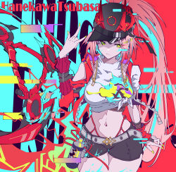  \||/ absurdres artist_name baseball_cap belt black_hat black_shorts blue_hair breasts chinese_commentary closed_mouth commentary_request cowboy_shot female green_eyes hand_up hanekawatsubasa-56 hat hat_horns highres honkai:_star_rail honkai_(series) horns jacket large_breasts long_hair looking_at_viewer multicolored_hair nail_polish navel pink_hair ponytail rappa_(honkai:_star_rail) red_horns red_jacket shirt short_shorts shorts solo spray_can stomach streaked_hair very_long_hair white_belt white_shirt yellow_nails 