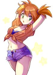  alternate_costume arms_behind_head bikini bikini_under_clothes blue_bikini blue_shorts breasts cleavage collarbone commentary cowboy_shot cutoffs denim denim_shorts earrings female green_eyes highres jewelry kasumi_(pokemon) looking_at_viewer midriff navel ogie_nuts open_clothes open_fly open_shorts orange_hair orange_shirt parted_lips pokemon shirt short_hair short_shorts shorts side_ponytail small_breasts solo standing star_(symbol) star_earrings star_symbol_background stomach swimsuit tied_shirt white_background 