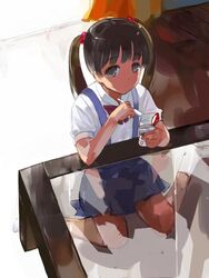  asasow bad_id bad_pixiv_id brown_hair female hizashi_no_naka_no_real long_hair school_uniform sitting socks solo spoon tsutsumi_kinuka twintails yogurt 