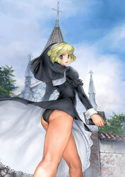  ass blonde_hair church copyright_request female garex nun panties photoshop_(medium) short_hair solo underwear wind wind_lift 