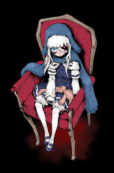  anorak aqua_eyes bad_id bad_pixiv_id bandages blood bloomers chair crazy_eyes dress female from_above full_body glowing glowing_eyes gothic_lolita hood lolita_fashion long_hair looking_up original sitting solo stitches stuffed_animal stuffed_toy tamaoki_benkyou underwear white_hair zombie 