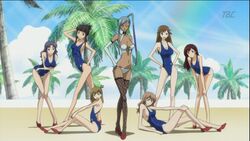  6+girls anime_screenshot annotation_request ashford_academy_swimsuit bikini character_request code_geass day elbow_gloves gloves long_hair multiple_girls one-piece_swimsuit outdoors school_swimsuit side-tie_bikini_bottom swimsuit thighhighs villetta_nu watermark 